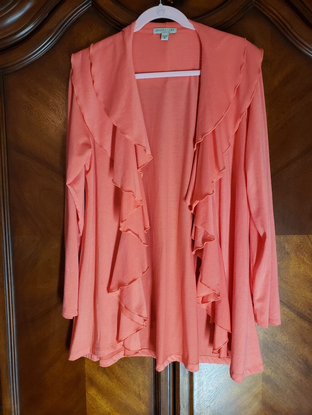 Coral Ruffle Open-Front Women's Sweater